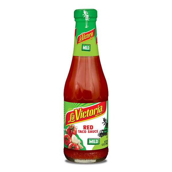 La Victoria red taco sauce mild 12 oz bottle.