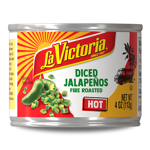 La Victoria fire roasted diced jalapenos hot 4 oz can.