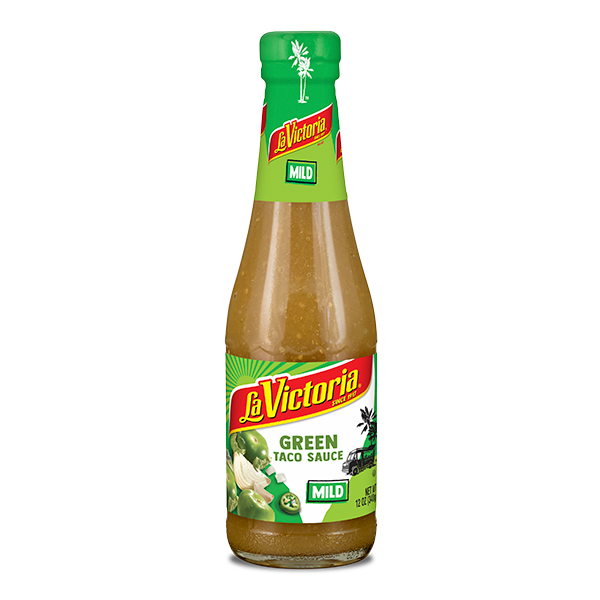 La Victoria green taco sauce mild 12 oz bottle.