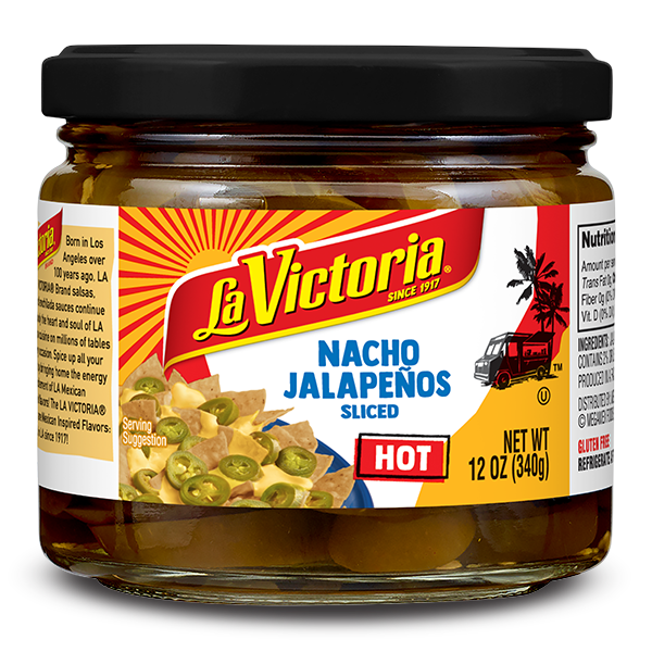 La Victoria nacho sliced jalapenos hot 12 oz jar.