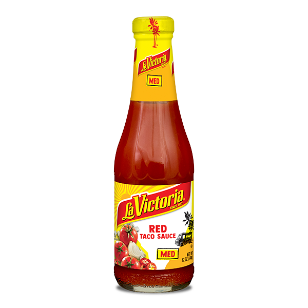 La Victoria red taco sauce medium 12 oz bottle.