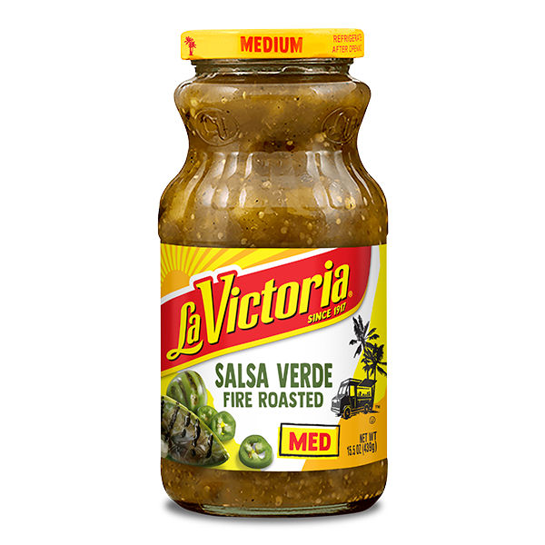 La Victoria salsa verde fire roasted medium 15.5 oz jar.