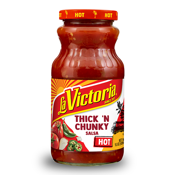 La Victoria thick and chunky salsa hot 15.5 oz jar.