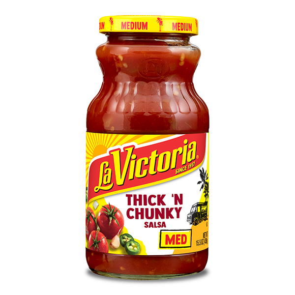 La Victoria thick and chunky salsa medium 15.5 oz jar.