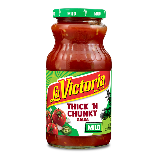 La Victoria thick and chunky salsa mild 15.5 oz jar.