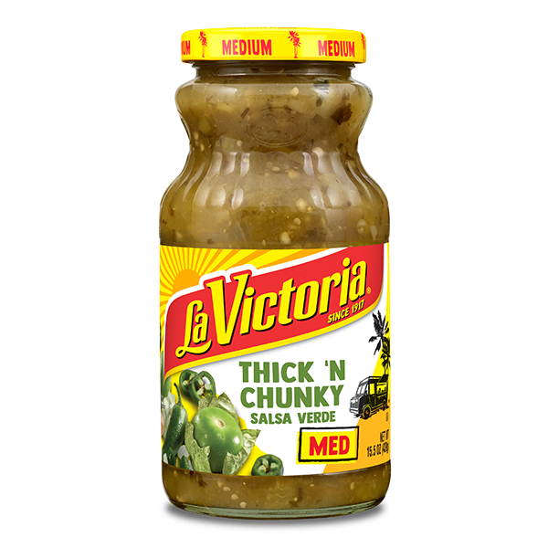 La Victoria thick and chunky salsa verde medium 15.5 oz jar.