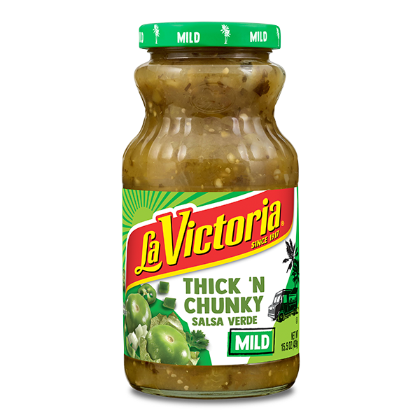 La Victoria thick and chunky salsa verde mild 15.5 oz jar.