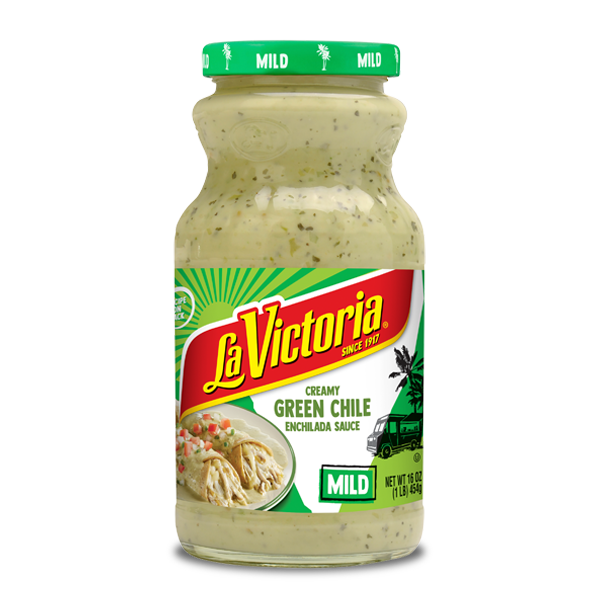 La Victoria creamy green chile enchilada sauce 16 oz jar.