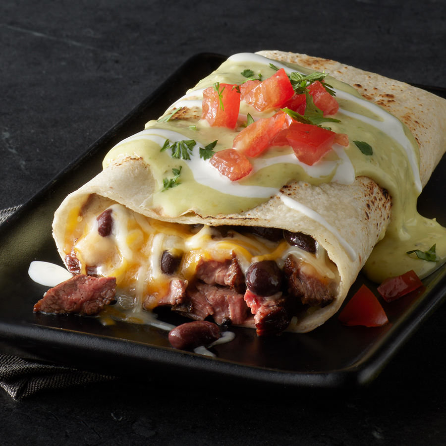 steak burrito with guacamole and salsa